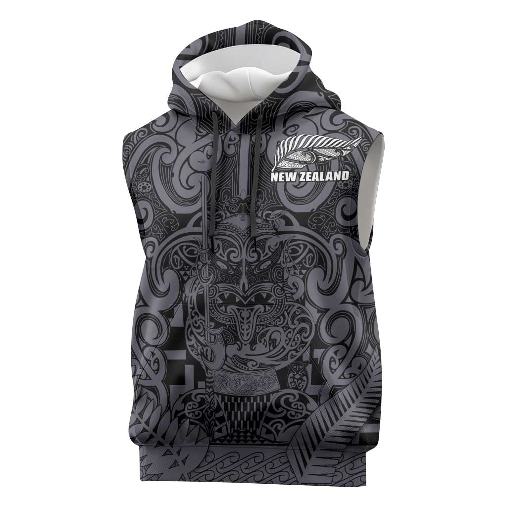 Custom New Zealand Taiaha Maori Sleeveless Hoodie Minimalist Silver Fern All Black - Aussie Hoodie