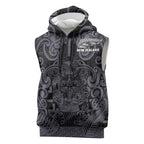 Custom New Zealand Taiaha Maori Sleeveless Hoodie Minimalist Silver Fern All Black - Aussie Hoodie