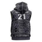 Custom New Zealand Taiaha Maori Sleeveless Hoodie Minimalist Silver Fern All Black - Aussie Hoodie