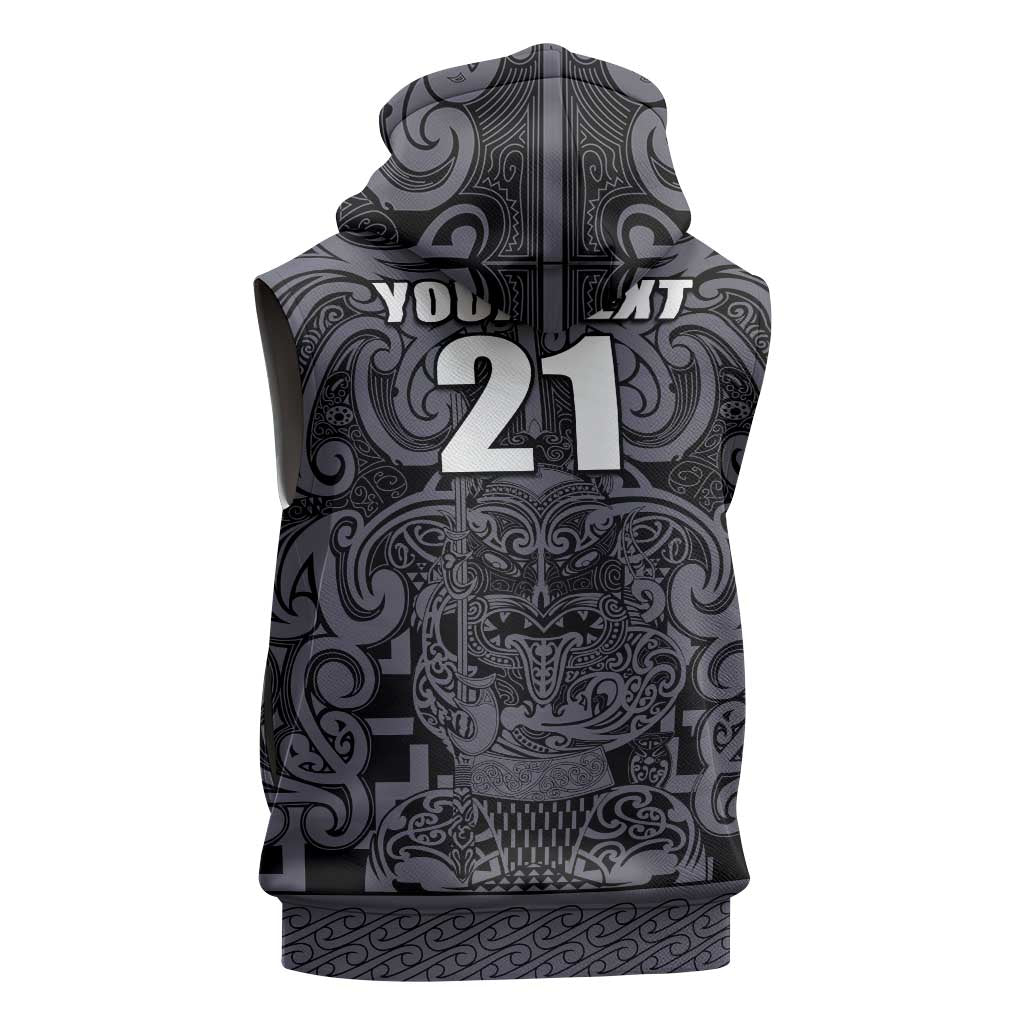 Custom New Zealand Taiaha Maori Sleeveless Hoodie Minimalist Silver Fern All Black - Aussie Hoodie