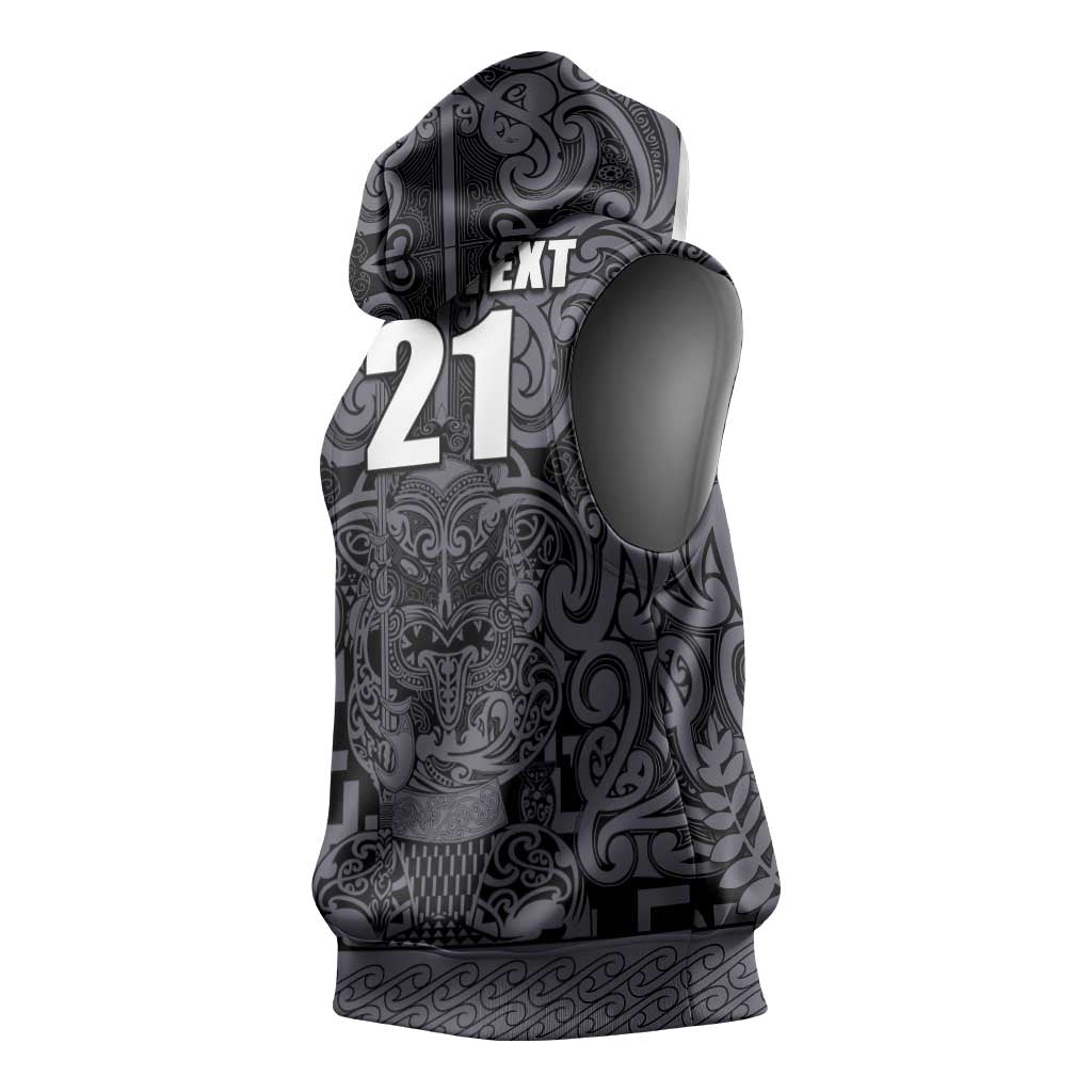 Custom New Zealand Taiaha Maori Sleeveless Hoodie Minimalist Silver Fern All Black - Aussie Hoodie