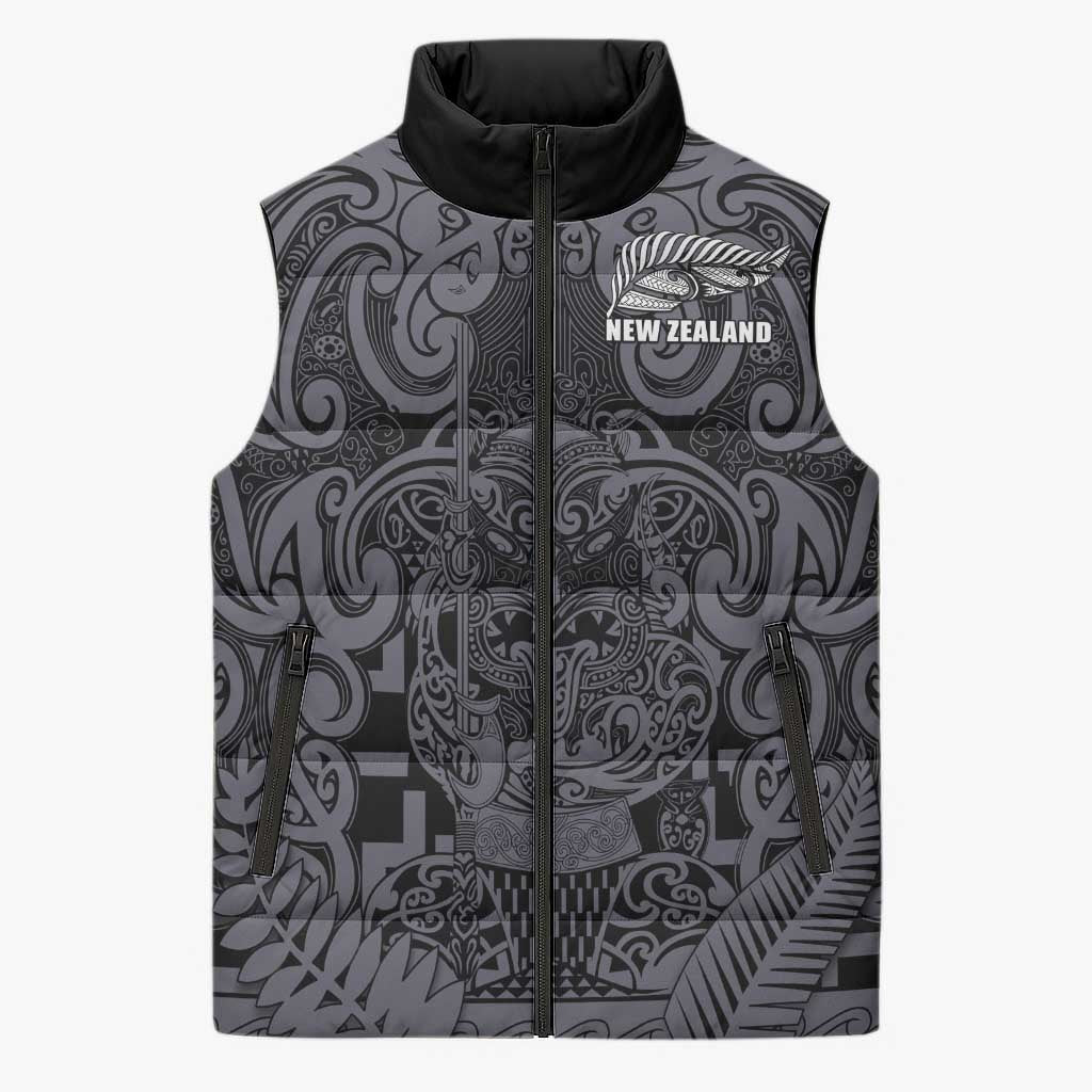 Custom New Zealand Taiaha Maori Sleeveless Puffer Jacket Minimalist Silver Fern All Black - Aussie Hoodie