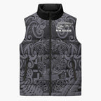 Custom New Zealand Taiaha Maori Sleeveless Puffer Jacket Minimalist Silver Fern All Black - Aussie Hoodie