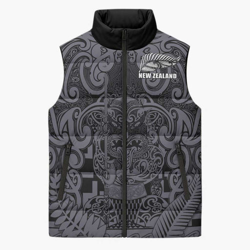 Custom New Zealand Taiaha Maori Sleeveless Puffer Jacket Minimalist Silver Fern All Black - Aussie Hoodie