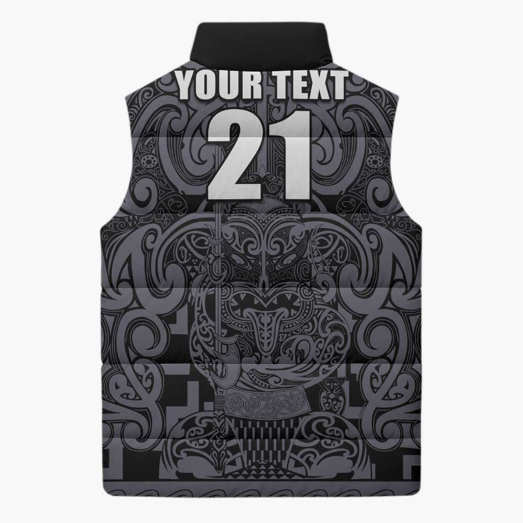 Custom New Zealand Taiaha Maori Sleeveless Puffer Jacket Minimalist Silver Fern All Black - Aussie Hoodie