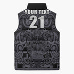 Custom New Zealand Taiaha Maori Sleeveless Puffer Jacket Minimalist Silver Fern All Black - Aussie Hoodie
