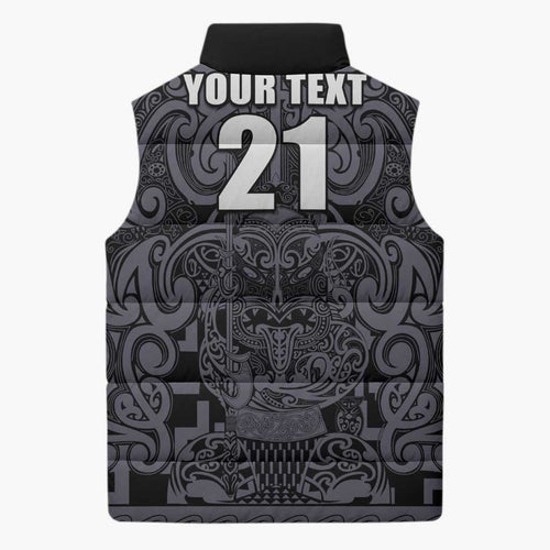 Custom New Zealand Taiaha Maori Sleeveless Puffer Jacket Minimalist Silver Fern All Black - Aussie Hoodie