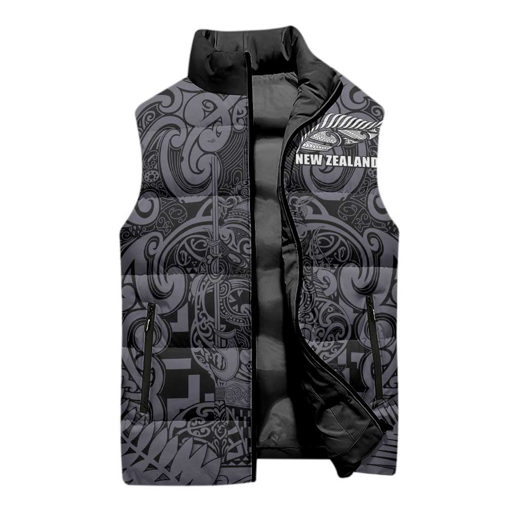 Custom New Zealand Taiaha Maori Sleeveless Puffer Jacket Minimalist Silver Fern All Black - Aussie Hoodie