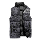 Custom New Zealand Taiaha Maori Sleeveless Puffer Jacket Minimalist Silver Fern All Black - Aussie Hoodie