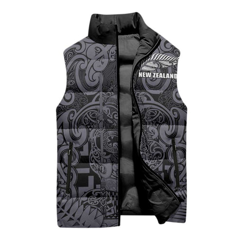 Custom New Zealand Taiaha Maori Sleeveless Puffer Jacket Minimalist Silver Fern All Black - Aussie Hoodie