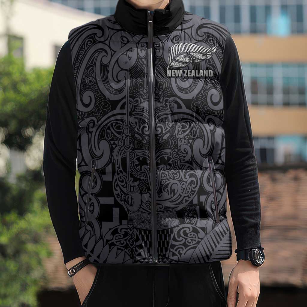 Custom New Zealand Taiaha Maori Sleeveless Puffer Jacket Minimalist Silver Fern All Black - Aussie Hoodie