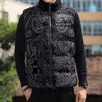 Custom New Zealand Taiaha Maori Sleeveless Puffer Jacket Minimalist Silver Fern All Black - Aussie Hoodie