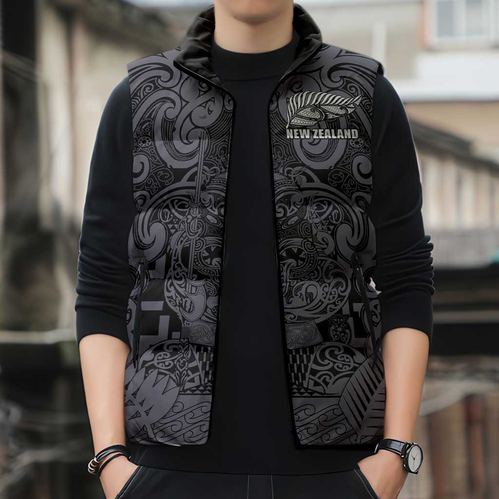 Custom New Zealand Taiaha Maori Sleeveless Puffer Jacket Minimalist Silver Fern All Black - Aussie Hoodie