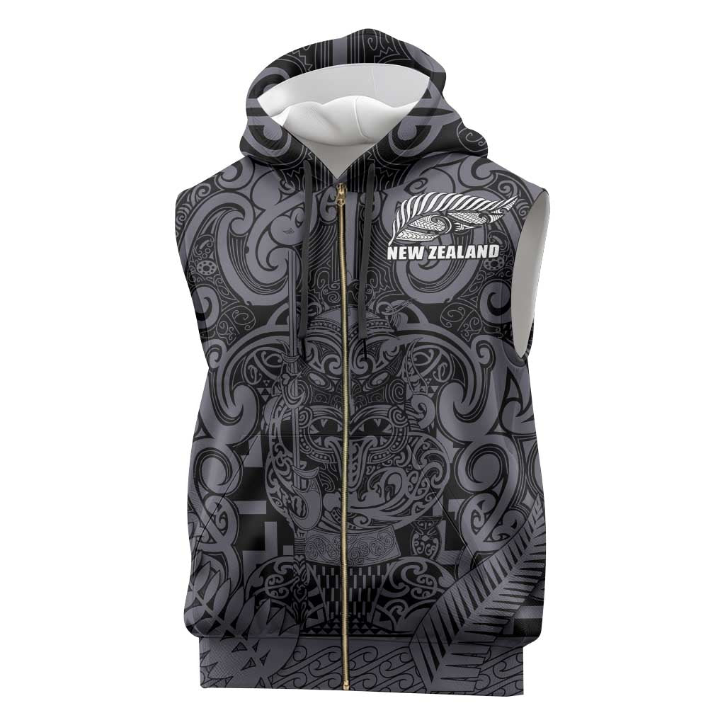 Custom New Zealand Taiaha Maori Sleeveless Zip Hoodie Minimalist Silver Fern All Black - Aussie Hoodie