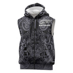 Custom New Zealand Taiaha Maori Sleeveless Zip Hoodie Minimalist Silver Fern All Black LT9