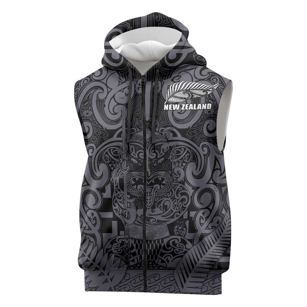 Custom New Zealand Taiaha Maori Sleeveless Zip Hoodie Minimalist Silver Fern All Black LT9