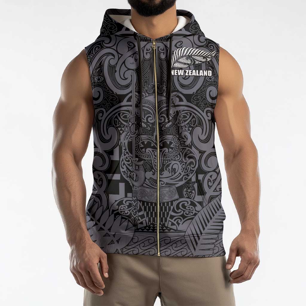 Custom New Zealand Taiaha Maori Sleeveless Zip Hoodie Minimalist Silver Fern All Black - Aussie Hoodie