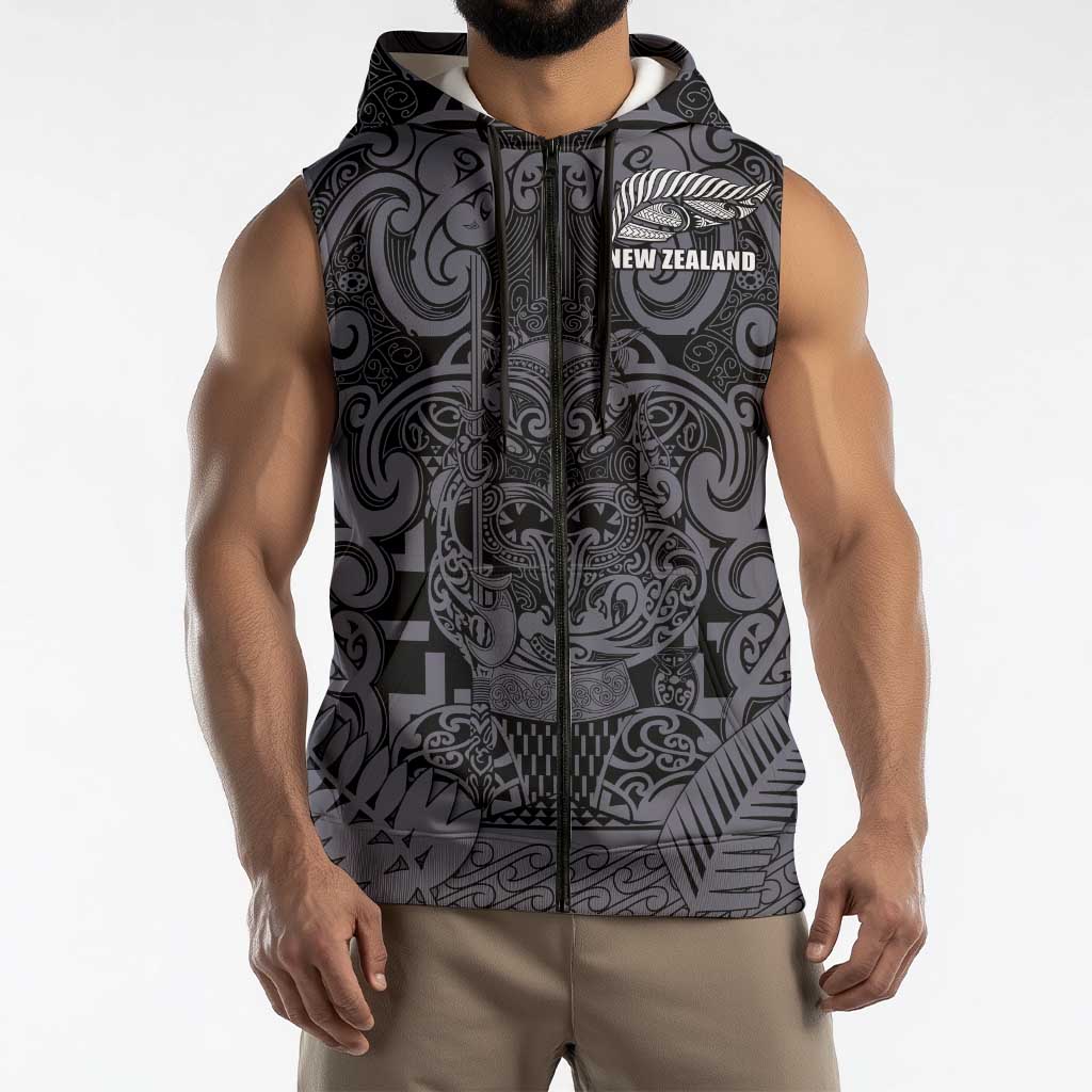 Custom New Zealand Taiaha Maori Sleeveless Zip Hoodie Minimalist Silver Fern All Black LT9