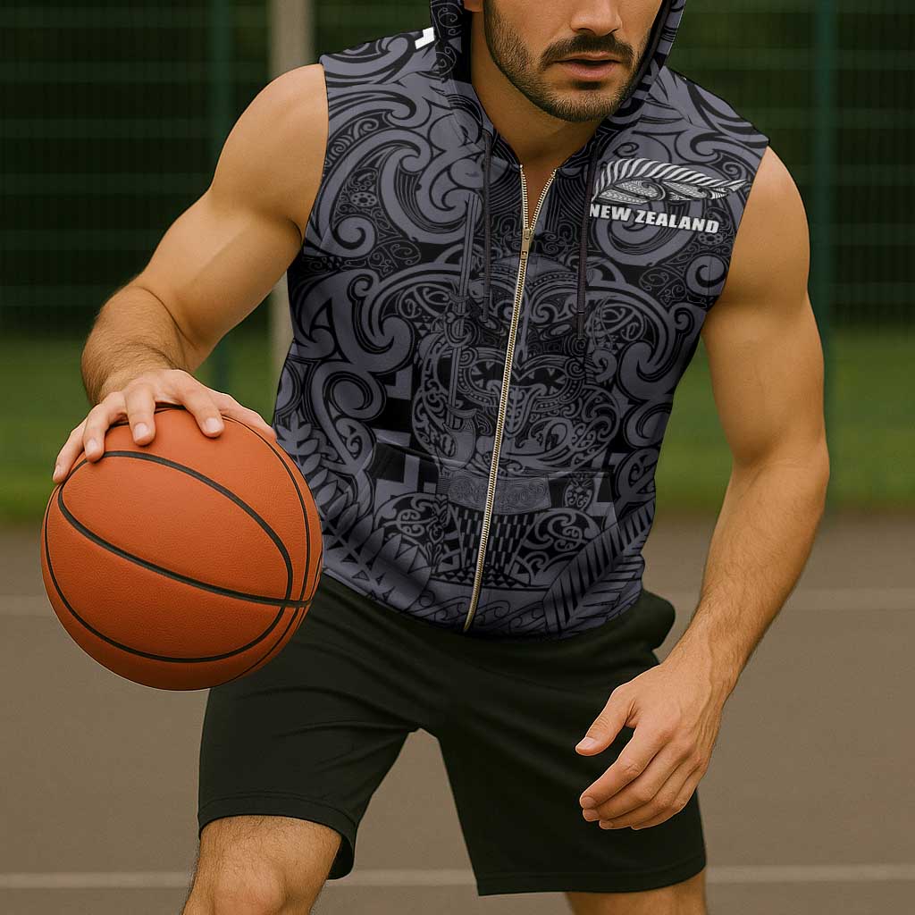 Custom New Zealand Taiaha Maori Sleeveless Zip Hoodie Minimalist Silver Fern All Black - Aussie Hoodie