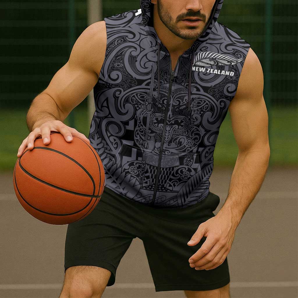 Custom New Zealand Taiaha Maori Sleeveless Zip Hoodie Minimalist Silver Fern All Black LT9