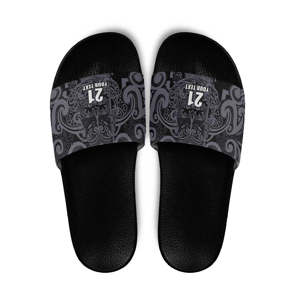 Custom New Zealand Taiaha Maori Slide Sandals Minimalist Silver Fern All Black - Aussie Hoodie