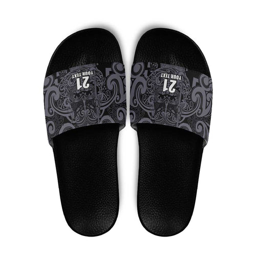 Custom New Zealand Taiaha Maori Slide Sandals Minimalist Silver Fern All Black - Aussie Hoodie