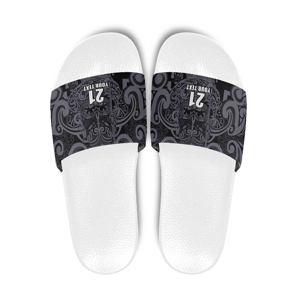 Custom New Zealand Taiaha Maori Slide Sandals Minimalist Silver Fern All Black - Aussie Hoodie
