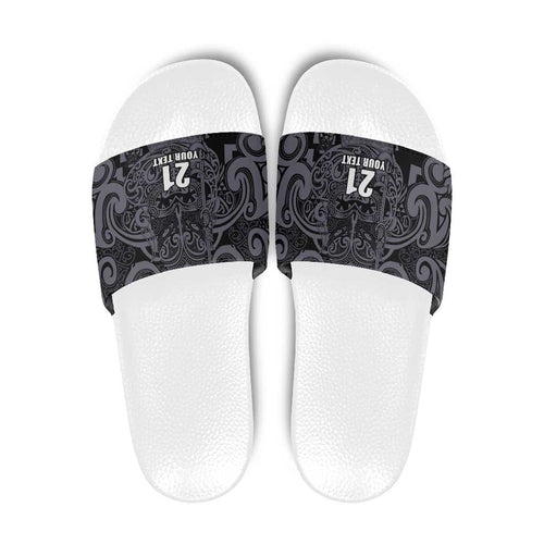 Custom New Zealand Taiaha Maori Slide Sandals Minimalist Silver Fern All Black - Aussie Hoodie