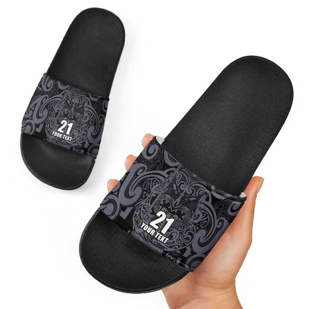 Custom New Zealand Taiaha Maori Slide Sandals Minimalist Silver Fern All Black - Aussie Hoodie