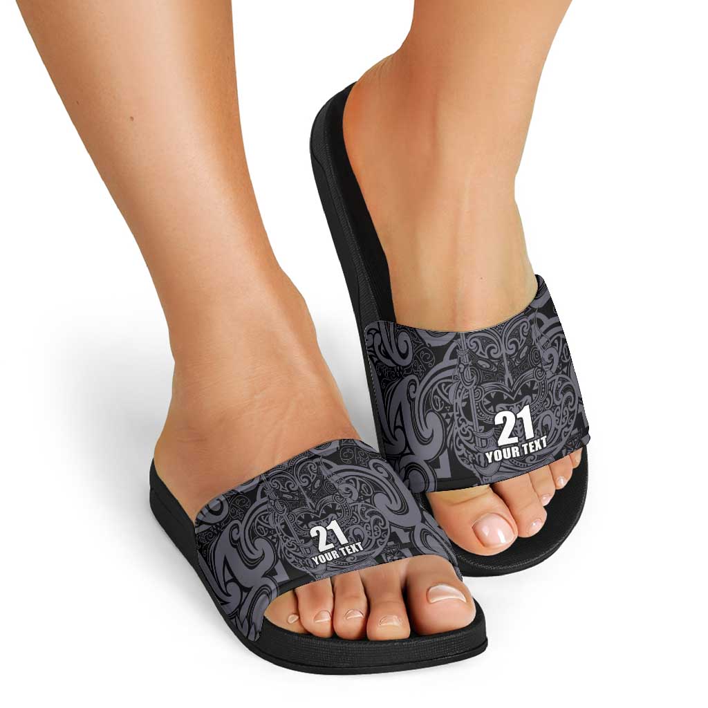 Custom New Zealand Taiaha Maori Slide Sandals Minimalist Silver Fern All Black - Aussie Hoodie