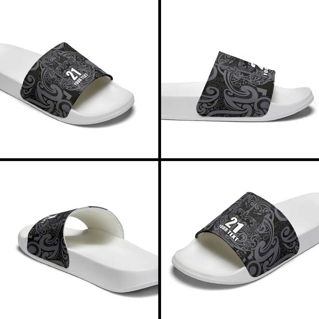 Custom New Zealand Taiaha Maori Slide Sandals Minimalist Silver Fern All Black - Aussie Hoodie