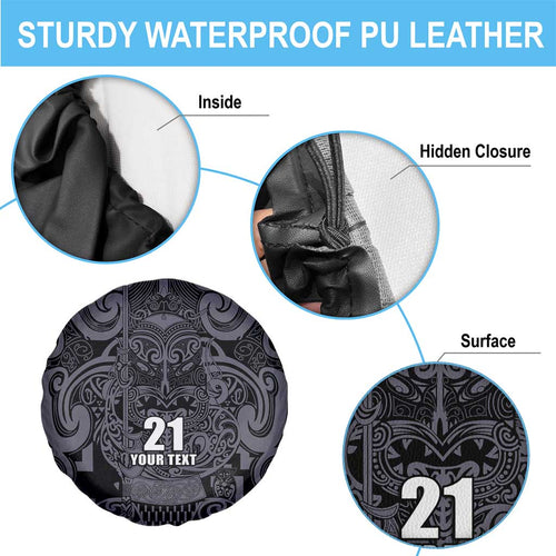 Custom New Zealand Taiaha Maori Spare Tire Cover Minimalist Silver Fern All Black - Aussie Hoodie