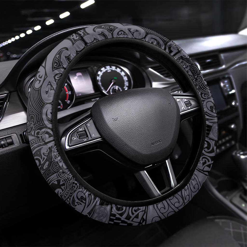 New Zealand Taiaha Maori Steering Wheel Cover Minimalist Silver Fern All Black - Aussie Hoodie