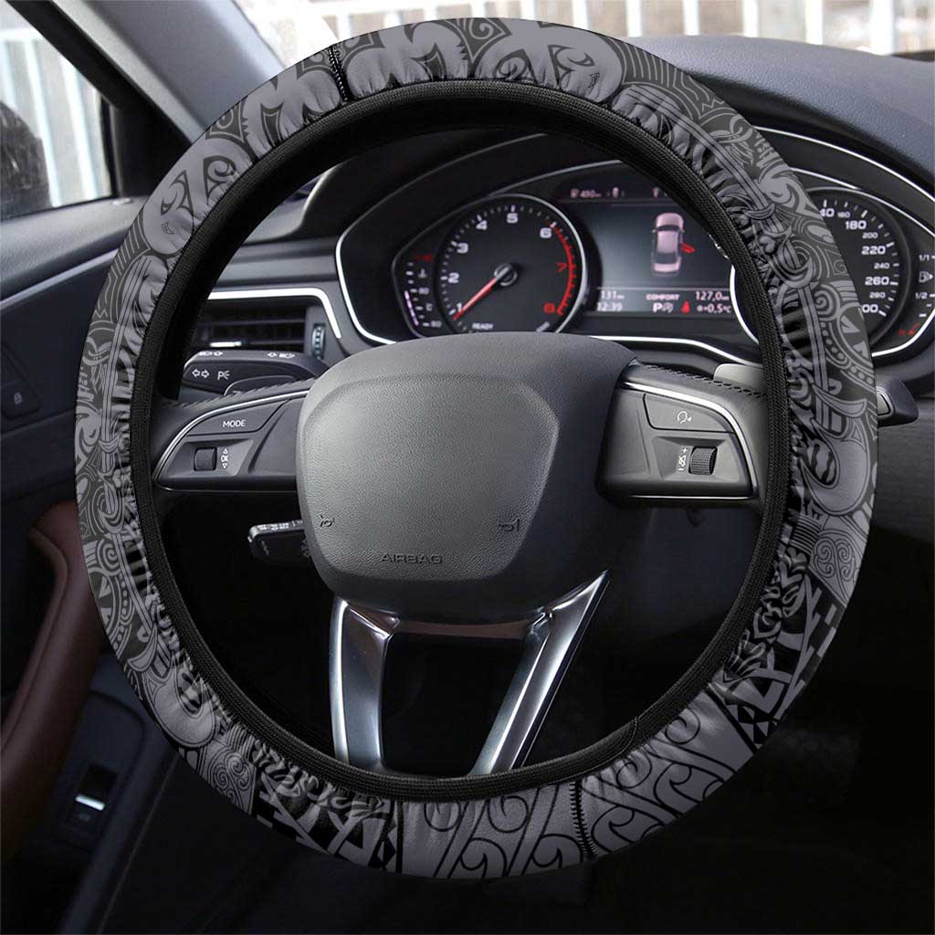 New Zealand Taiaha Maori Steering Wheel Cover Minimalist Silver Fern All Black - Aussie Hoodie