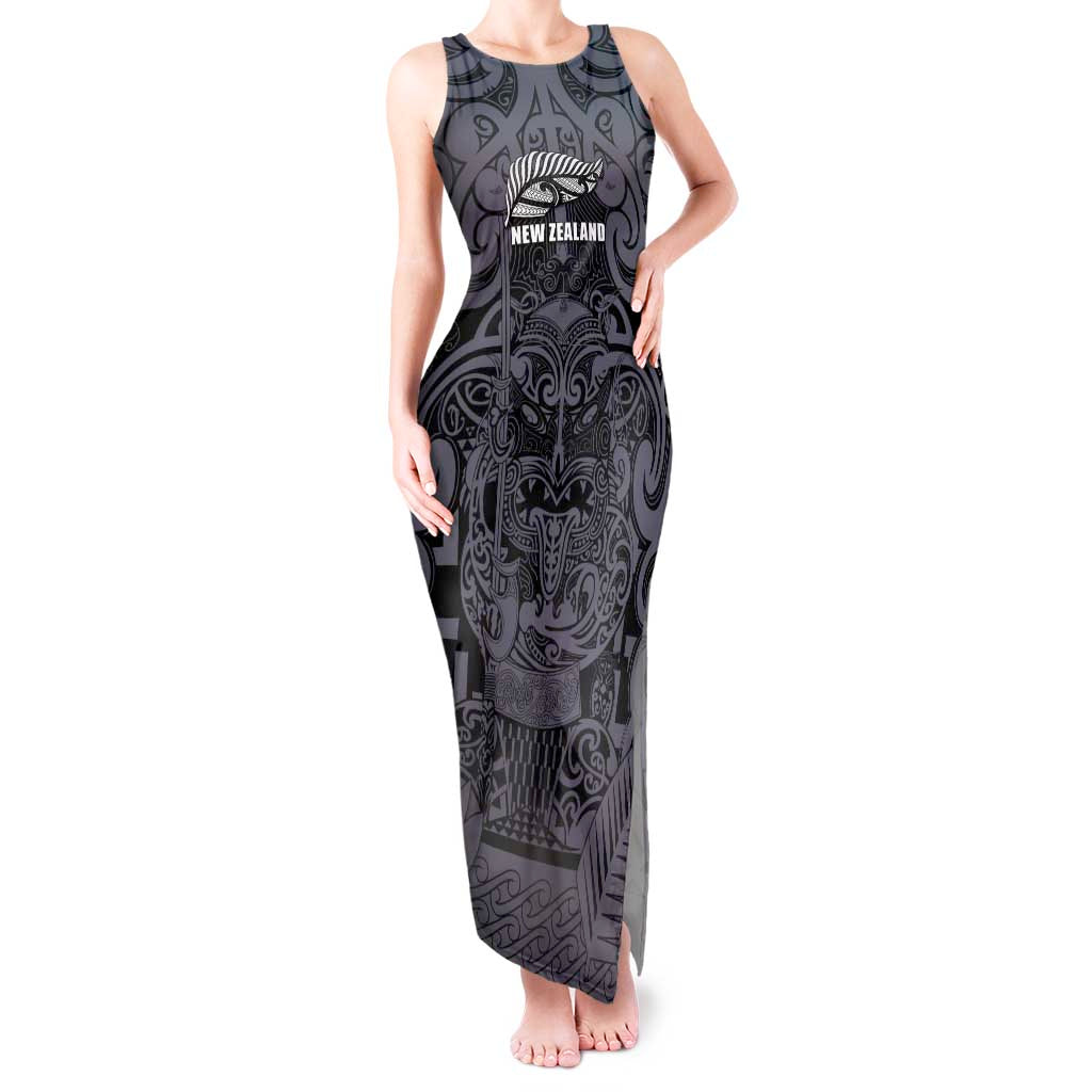 Custom New Zealand Taiaha Maori Tank Maxi Dress Minimalist Silver Fern All Black - Aussie Hoodie