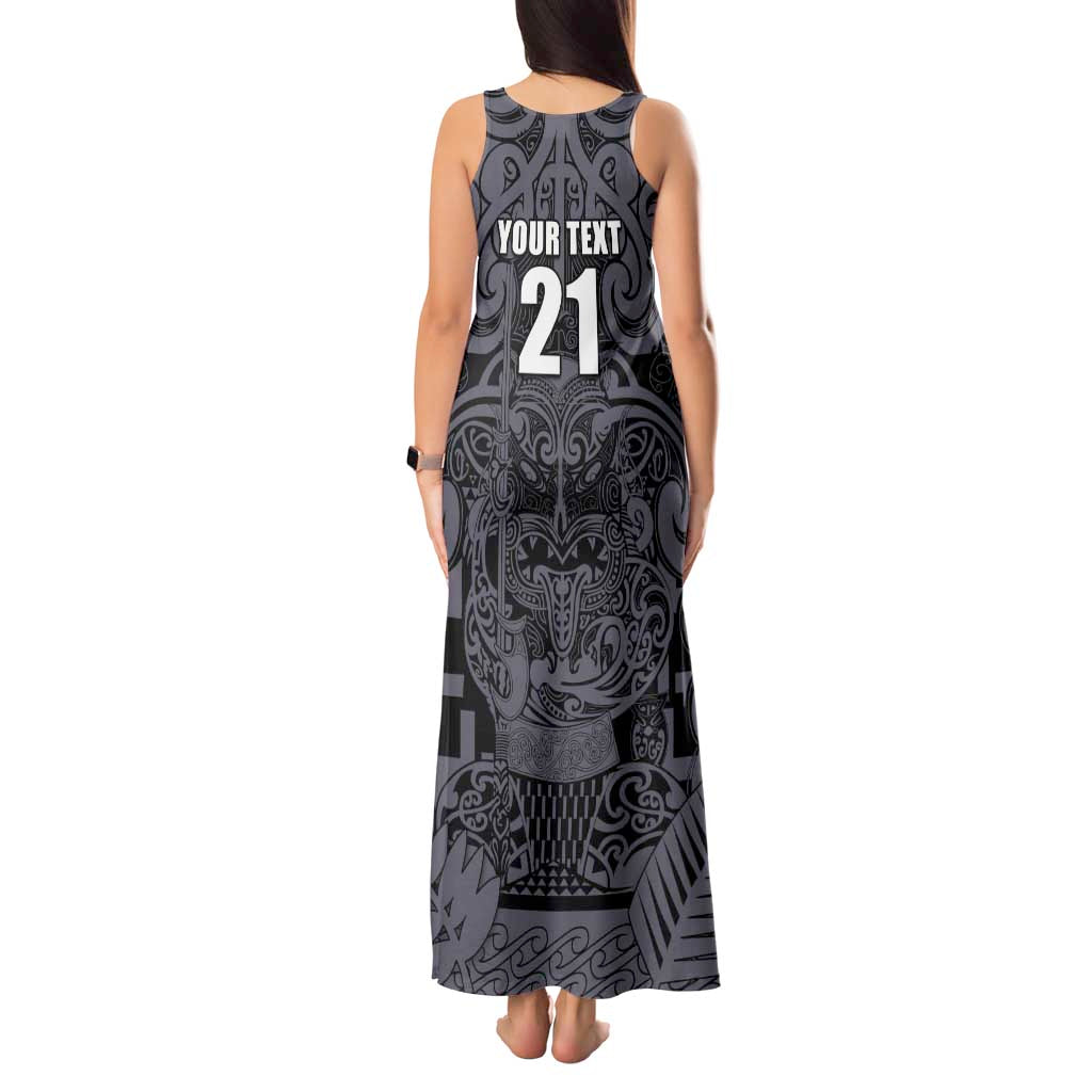 Custom New Zealand Taiaha Maori Tank Maxi Dress Minimalist Silver Fern All Black - Aussie Hoodie