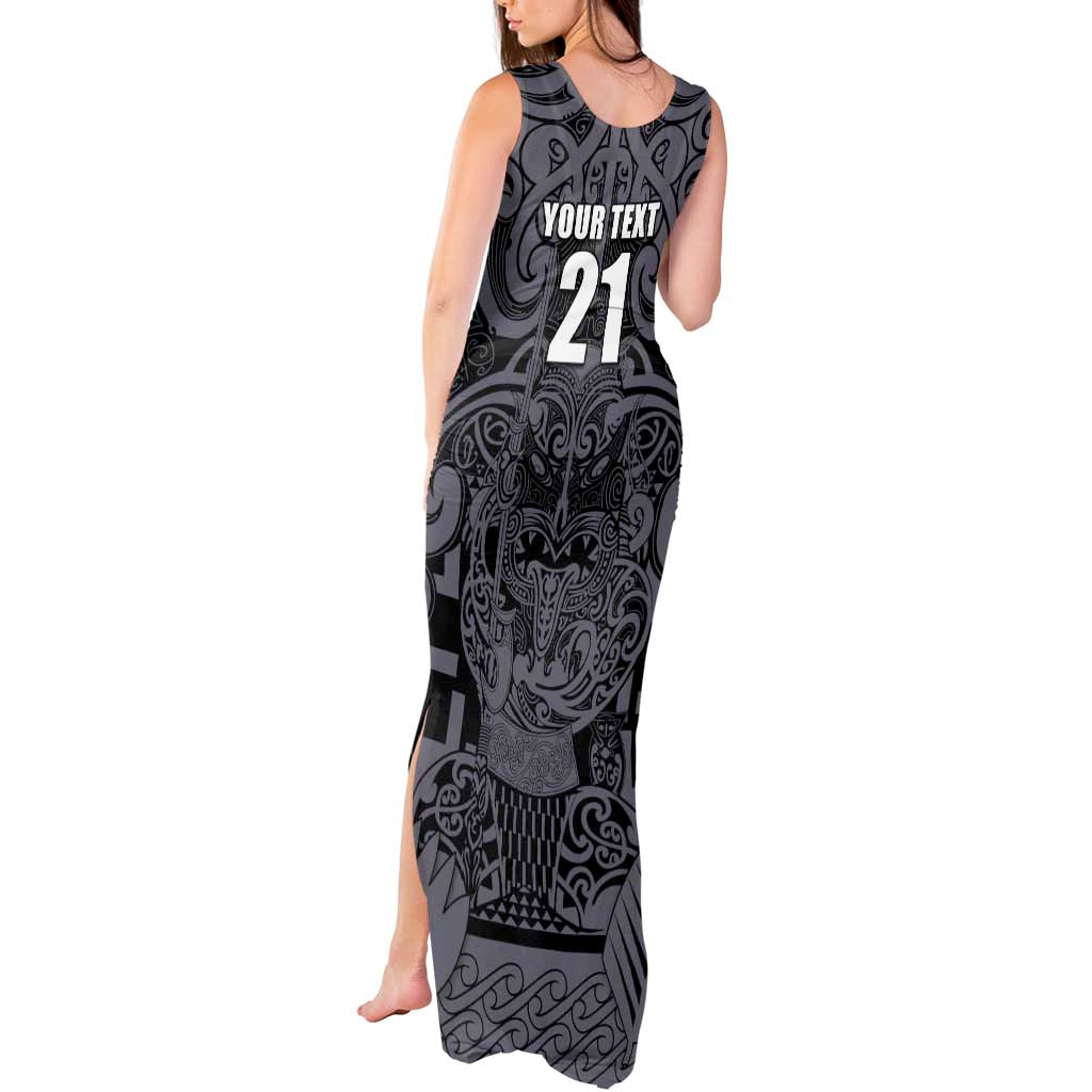 Custom New Zealand Taiaha Maori Tank Maxi Dress Minimalist Silver Fern All Black - Aussie Hoodie