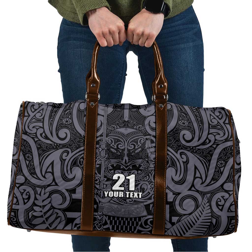 Custom New Zealand Taiaha Maori Travel Bag Minimalist Silver Fern All Black - Aussie Hoodie