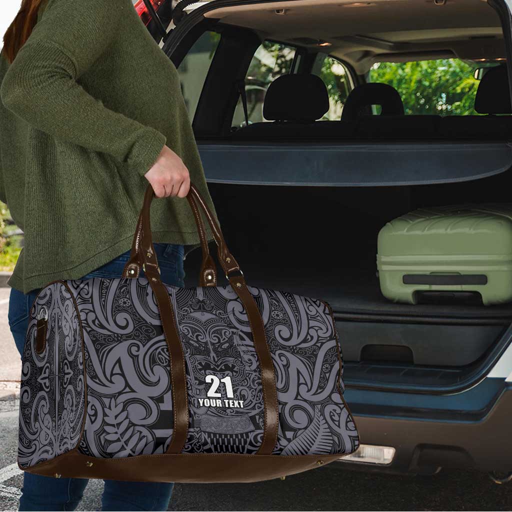 Custom New Zealand Taiaha Maori Travel Bag Minimalist Silver Fern All Black - Aussie Hoodie