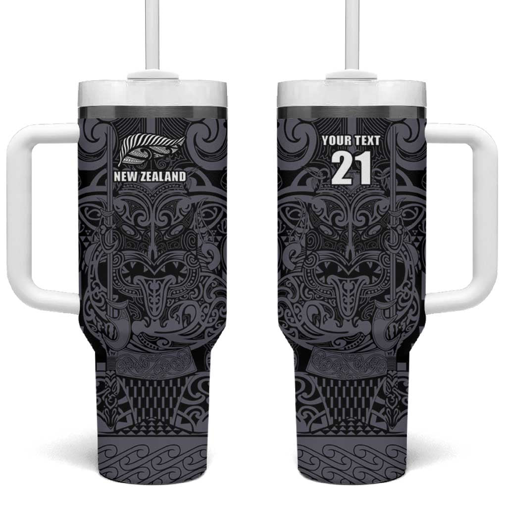 Custom New Zealand Taiaha Maori Tumbler With Handle Minimalist Silver Fern All Black - Aussie Hoodie