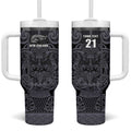 Custom New Zealand Taiaha Maori Tumbler With Handle Minimalist Silver Fern All Black - Aussie Hoodie