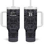 Custom New Zealand Taiaha Maori Tumbler With Handle Minimalist Silver Fern All Black - Aussie Hoodie