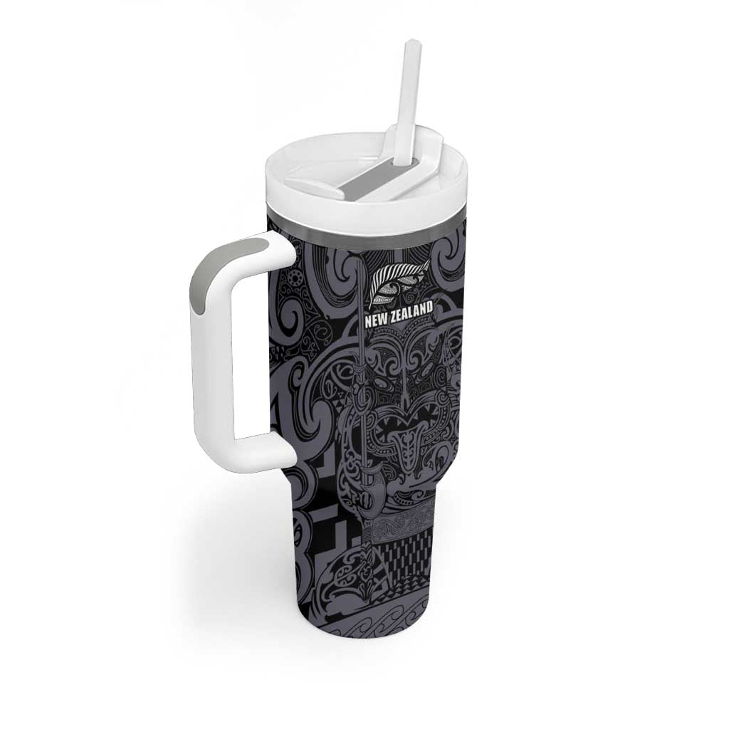 Custom New Zealand Taiaha Maori Tumbler With Handle Minimalist Silver Fern All Black - Aussie Hoodie