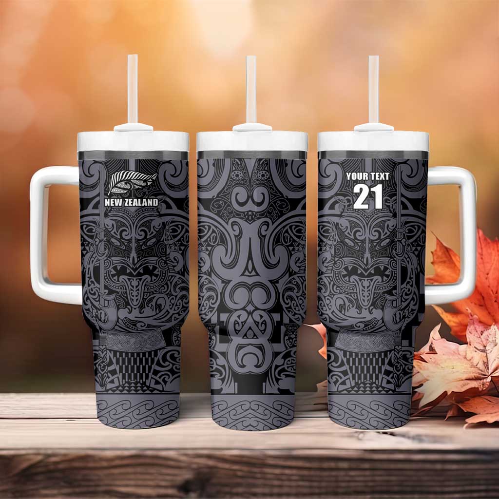 Custom New Zealand Taiaha Maori Tumbler With Handle Minimalist Silver Fern All Black - Aussie Hoodie