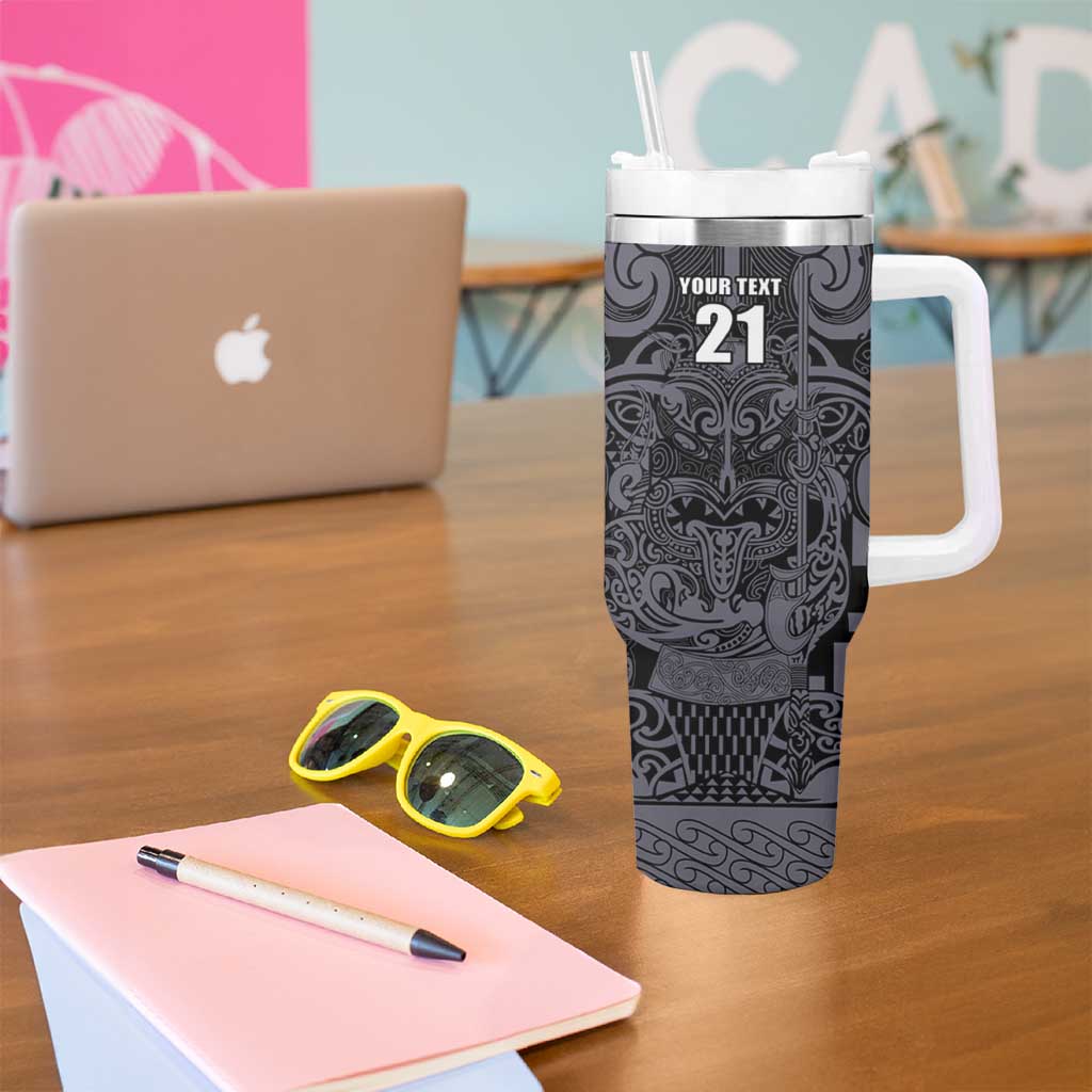 Custom New Zealand Taiaha Maori Tumbler With Handle Minimalist Silver Fern All Black - Aussie Hoodie