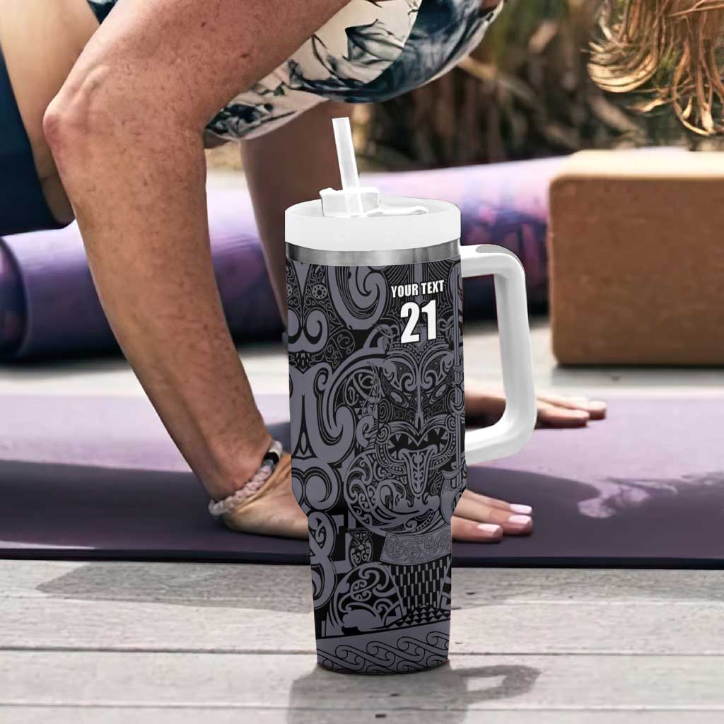 Custom New Zealand Taiaha Maori Tumbler With Handle Minimalist Silver Fern All Black - Aussie Hoodie