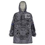 Custom New Zealand Taiaha Maori Wearable Blanket Hoodie Minimalist Silver Fern All Black - Aussie Hoodie