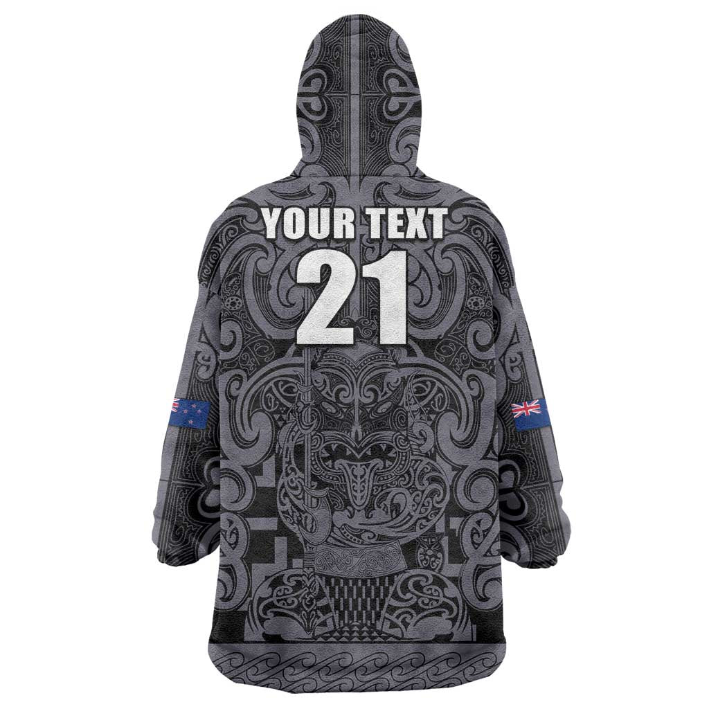 Custom New Zealand Taiaha Maori Wearable Blanket Hoodie Minimalist Silver Fern All Black - Aussie Hoodie