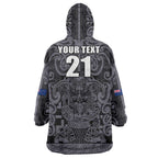 Custom New Zealand Taiaha Maori Wearable Blanket Hoodie Minimalist Silver Fern All Black - Aussie Hoodie