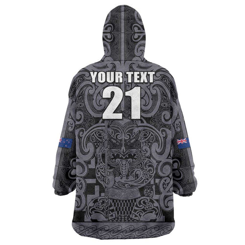 Custom New Zealand Taiaha Maori Wearable Blanket Hoodie Minimalist Silver Fern All Black - Aussie Hoodie